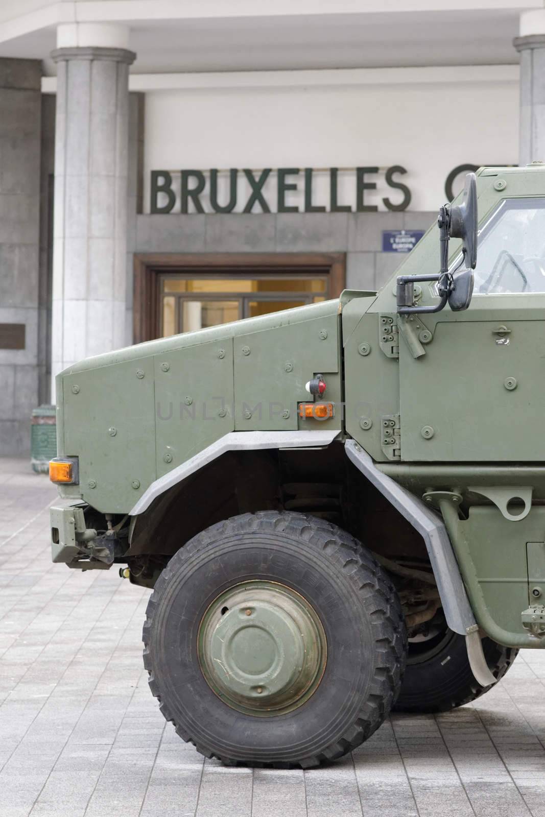 BELGIUM, Brussels: A Belgian military vehicle is seen in central Brussels, on November 22, 2015, after level four was set for Brussels based on a serious and imminent terror attacks threat. The city's subway system was closed and heavily armed police and soldiers patrolled the streets just over a week after more than 130 were killed in gun and bomb attacks in Paris. Many of the Paris attackers lived in Belgium, including one who is still at large.