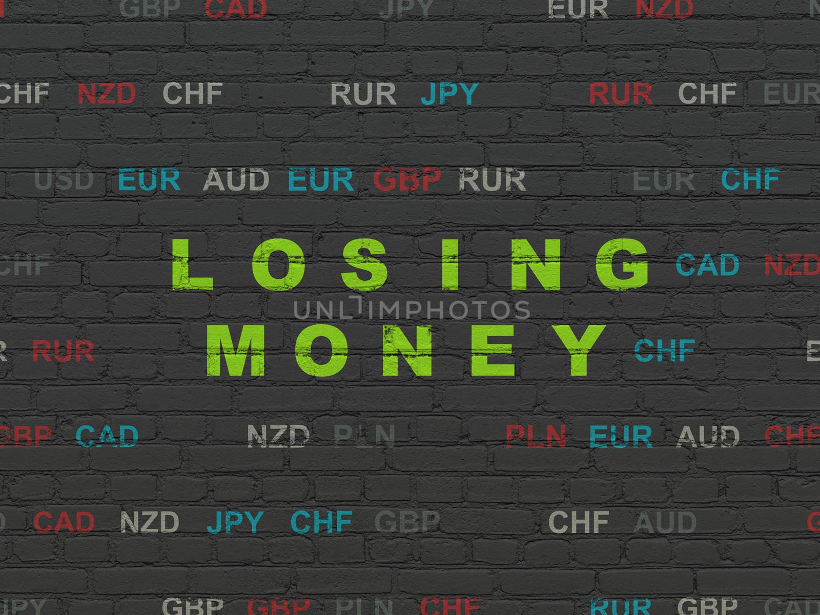 Money concept: Painted green text Losing Money on Black Brick wall background with Currency