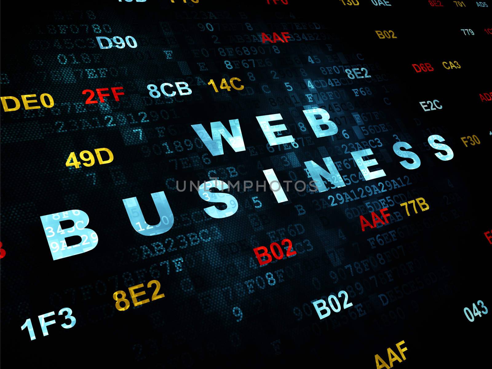 Web development concept: Pixelated blue text Web Business on Digital wall background with Hexadecimal Code