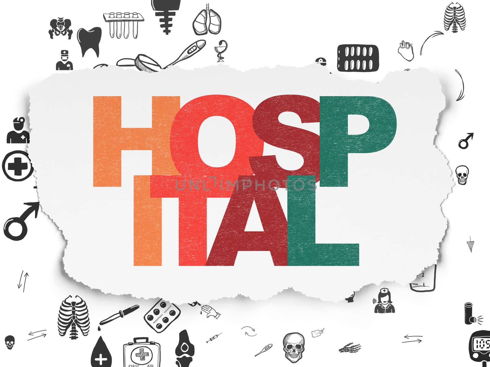 Health concept: Painted multicolor text Hospital on Torn Paper background with Scheme Of Hand Drawn Medicine Icons