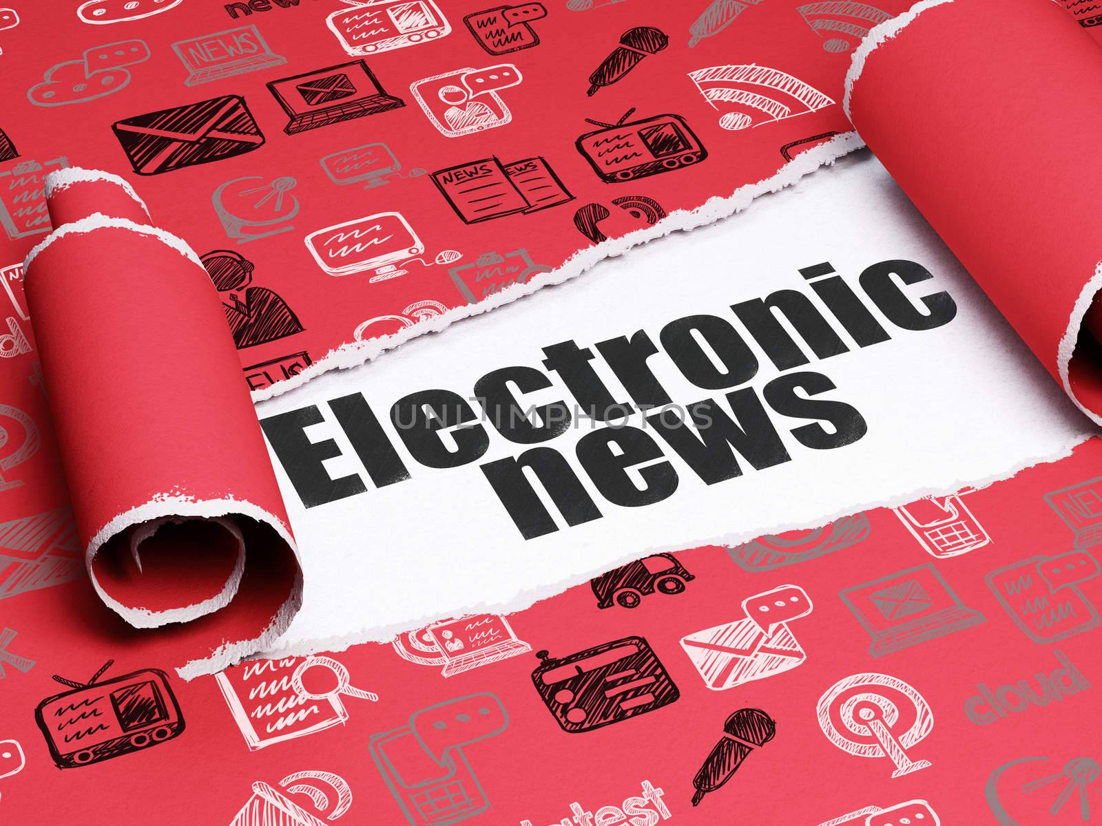 News concept: black text Electronic News under the curled piece of Red torn paper with  Hand Drawn News Icons