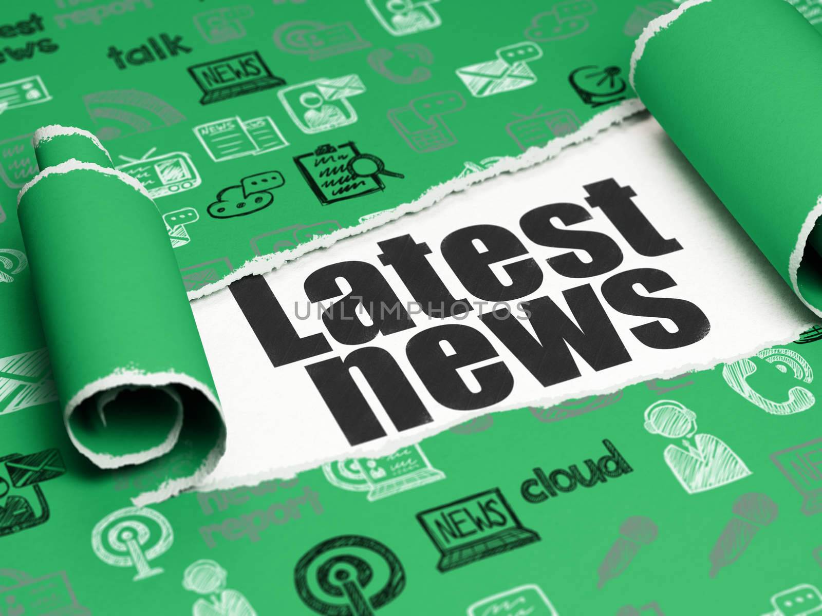 News concept: black text Latest News under the curled piece of Green torn paper with  Hand Drawn News Icons