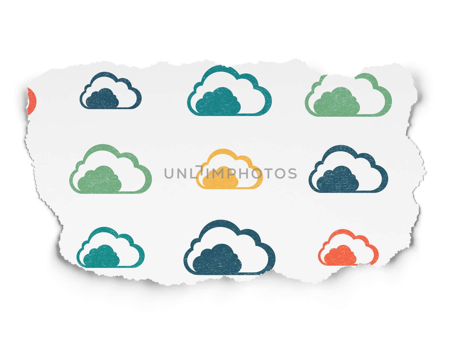 Cloud networking concept: Painted multicolor Cloud icons on Torn Paper background