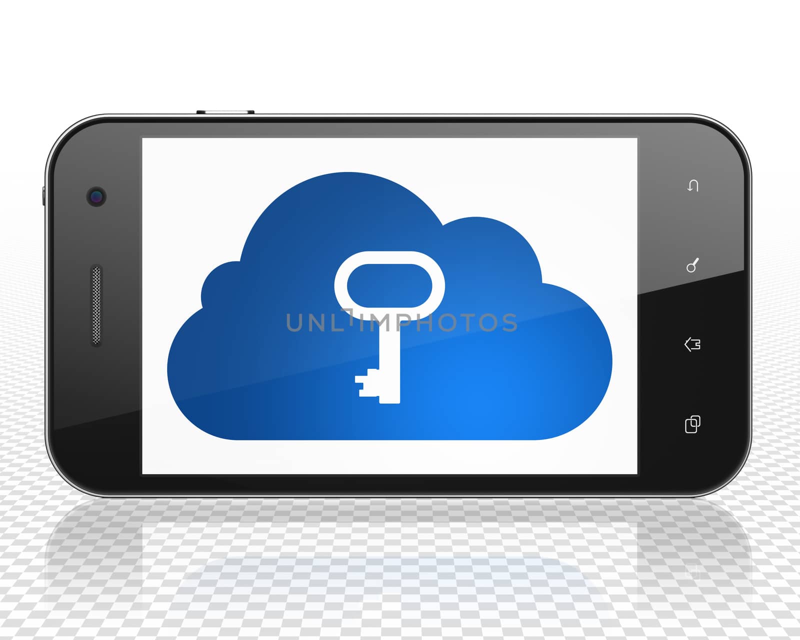 Cloud networking concept: Smartphone with Cloud With Key on display by maxkabakov