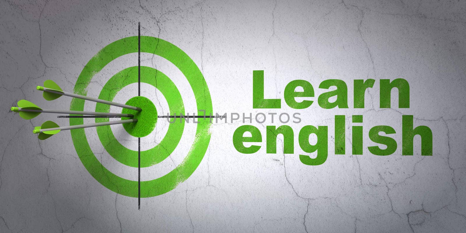 Success Learning concept: arrows hitting the center of target, Green Learn English on wall background