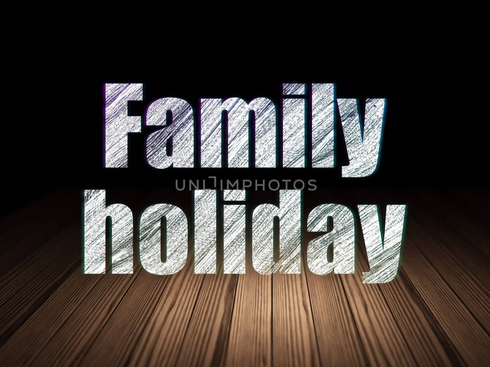 Tourism concept: Glowing text Family Holiday in grunge dark room with Wooden Floor, black background