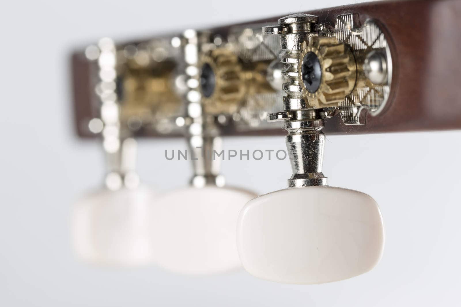 Guitar Machine Heads Close up macro with white background.