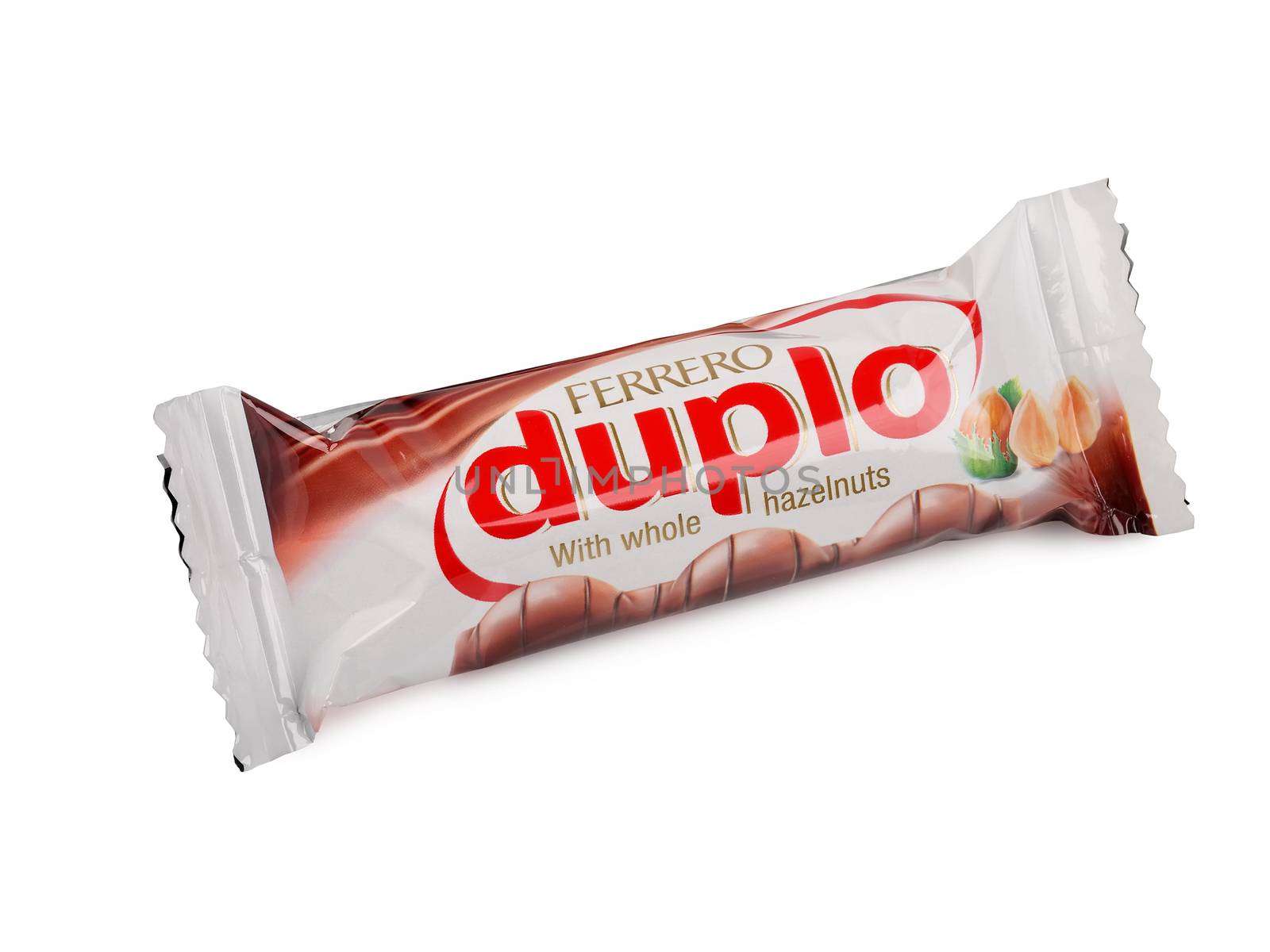 PULA, CROATIA - NOVEMBER 22, 2015: Duplo chocolate bar isolated on white background. Duplo bars are produced by Ferrero.