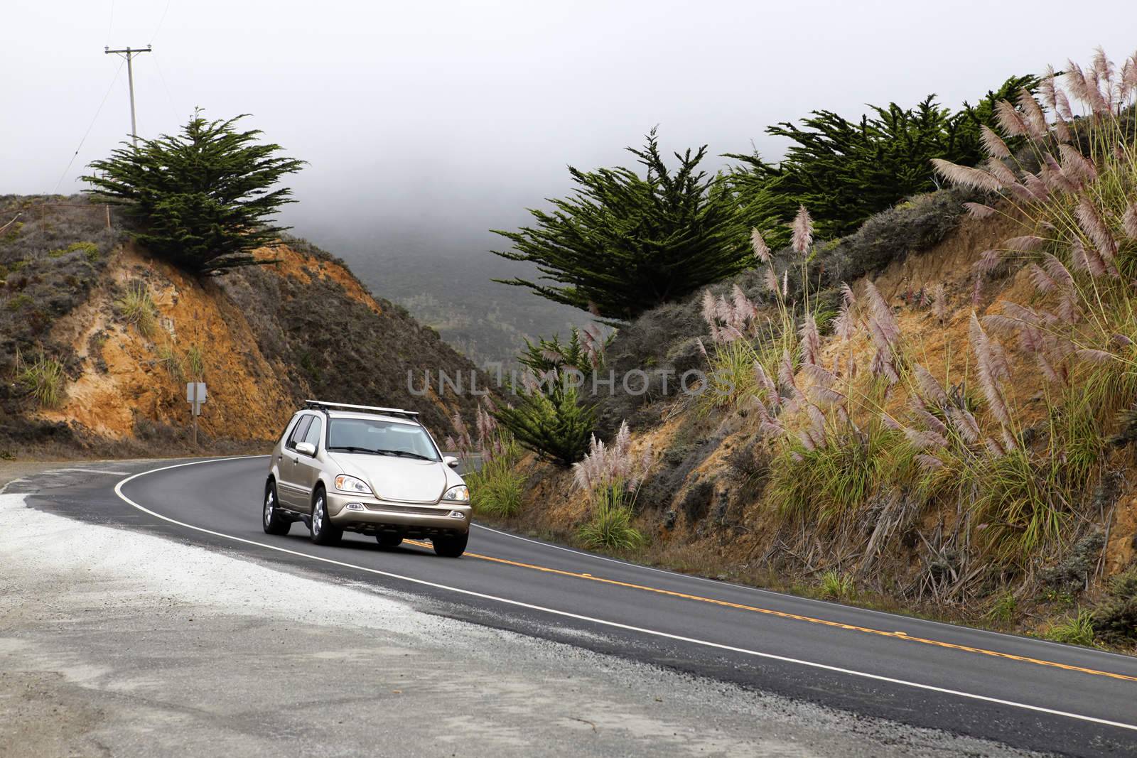 Road in the fog leading to Half Moon Bay, California