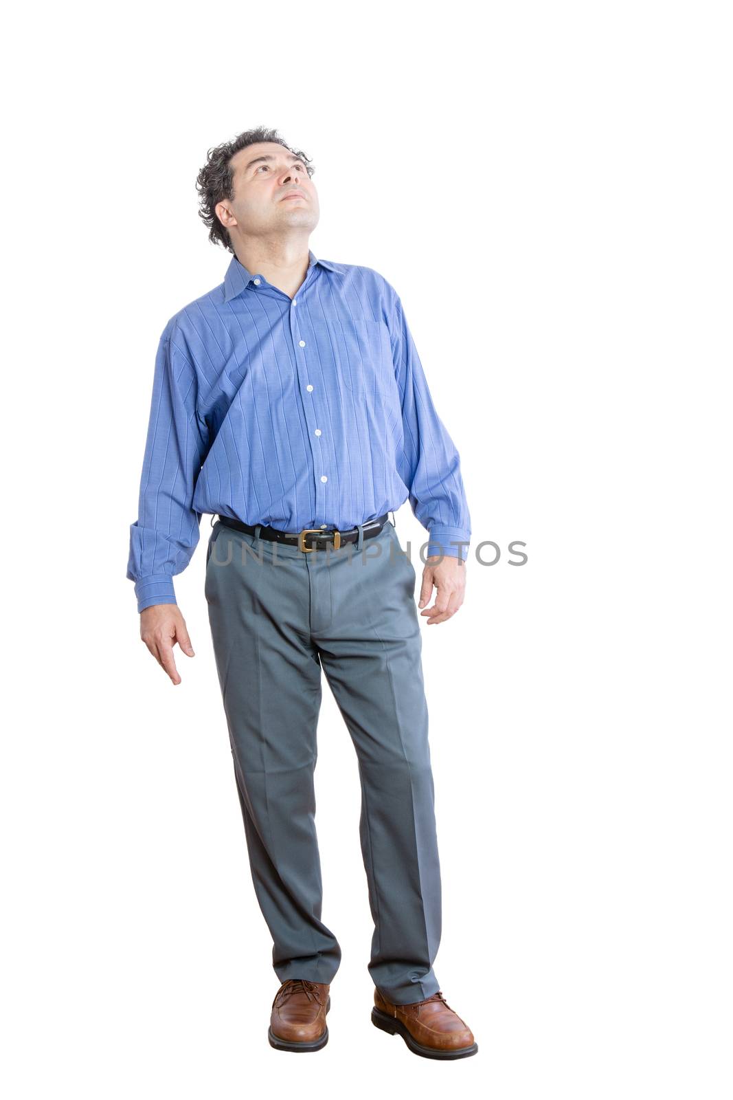 Full Length Shot of a Pensive Middle-Aged Office Man Looking Up High Against White Background.