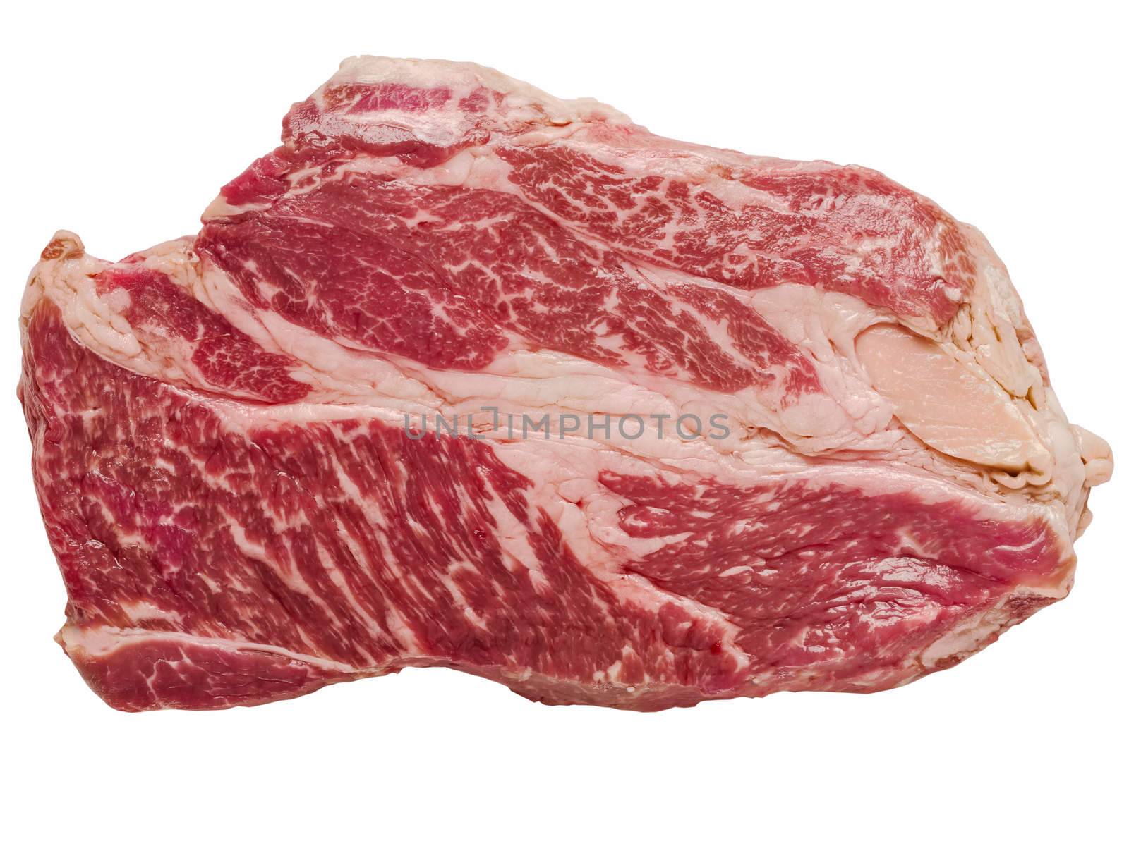 close up of uncooked wagyu beef steak isolated