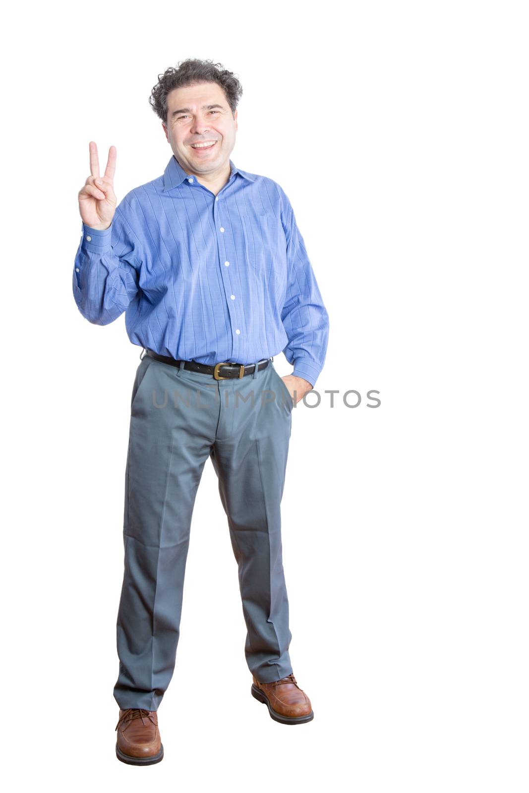 Full Length Shot of a Happy Businessman Showing a Peace Hand Sign at the Camera. Isolated on a White Background.