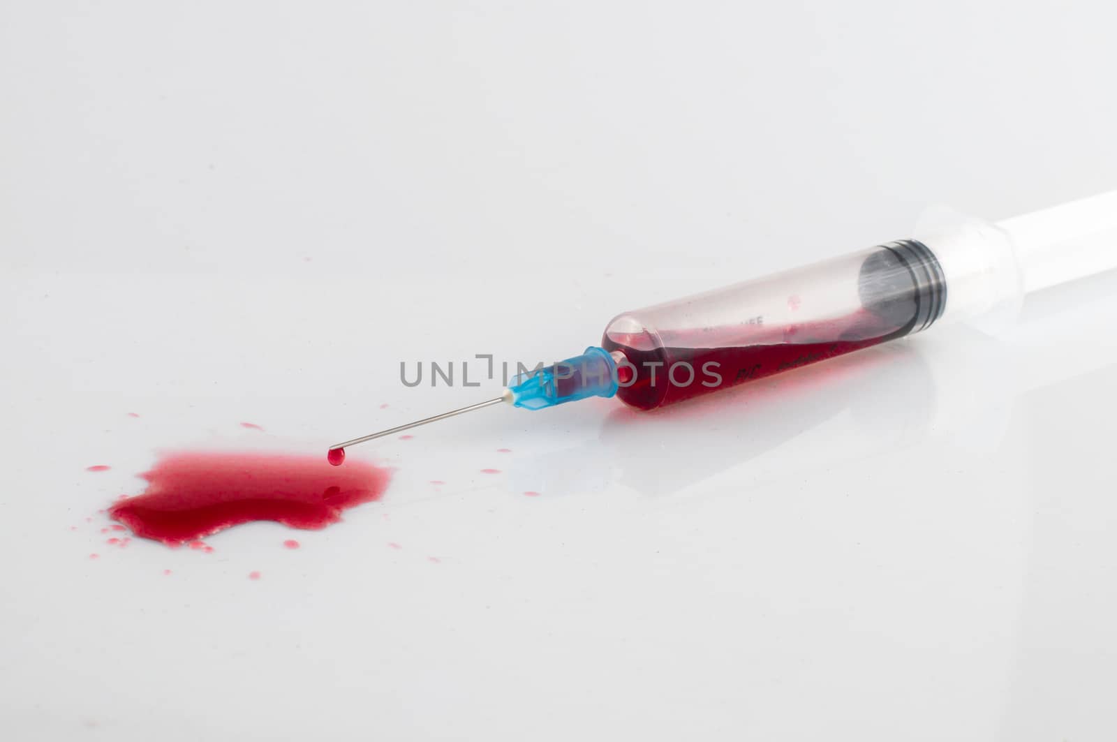 Syringe with blood on withe background