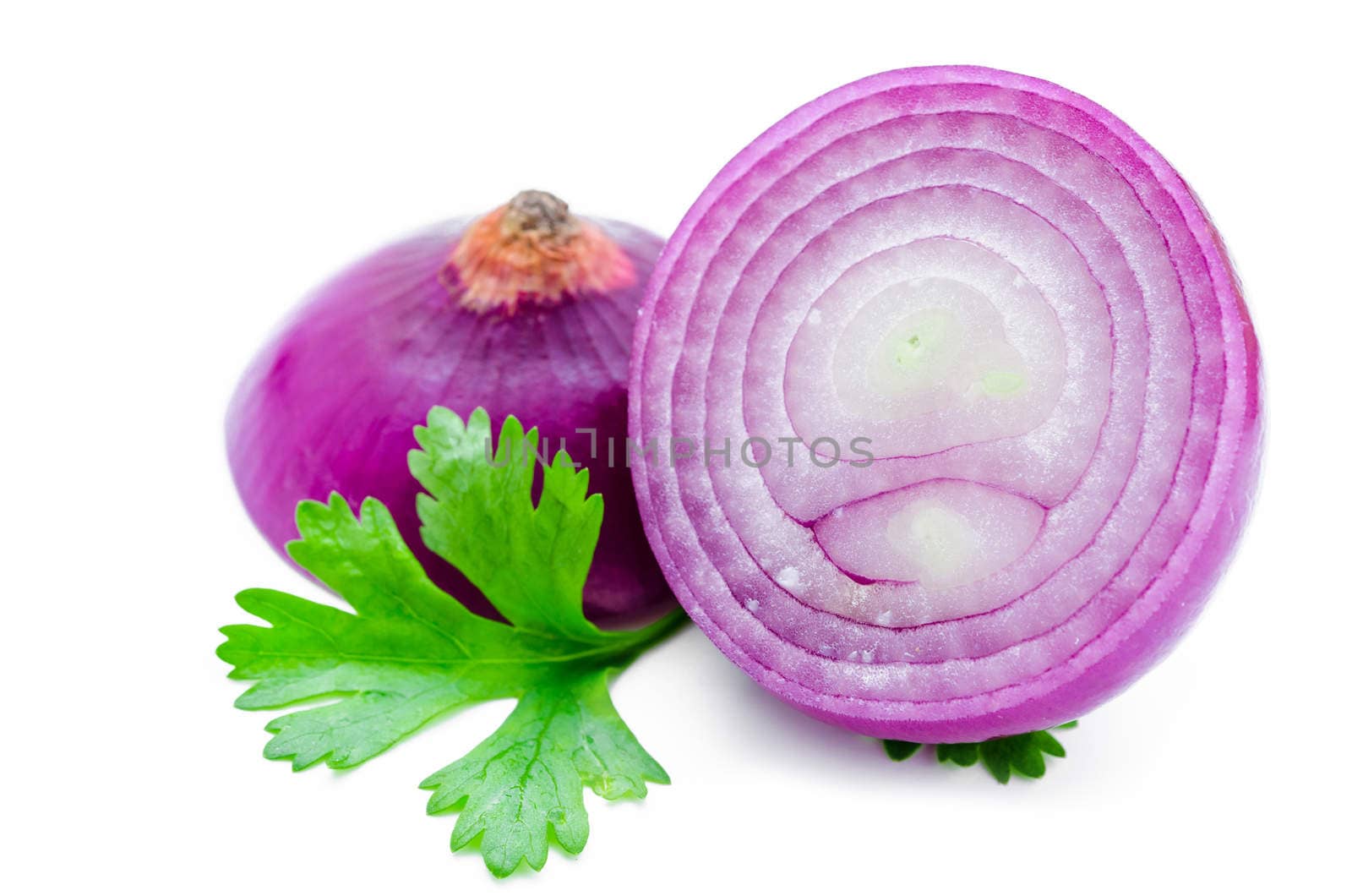 Red sliced onion with green leaf isolated on white background