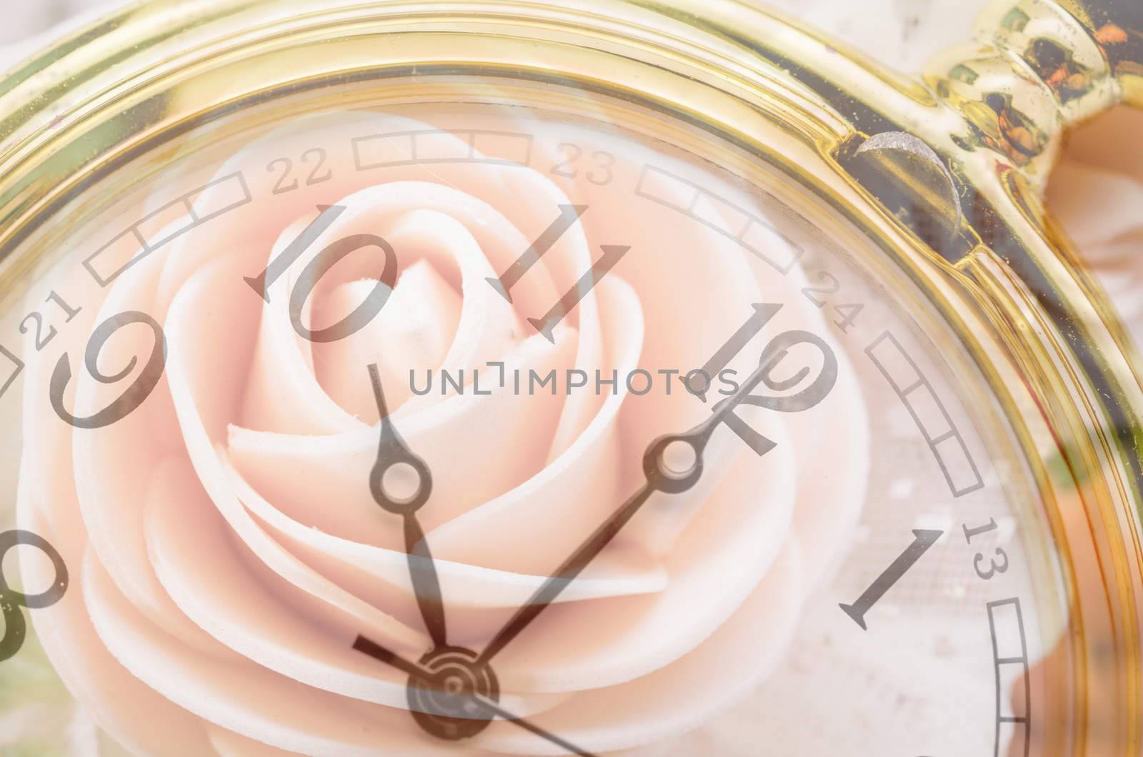 Composite of pink Roses and Clock. Love and time concept.