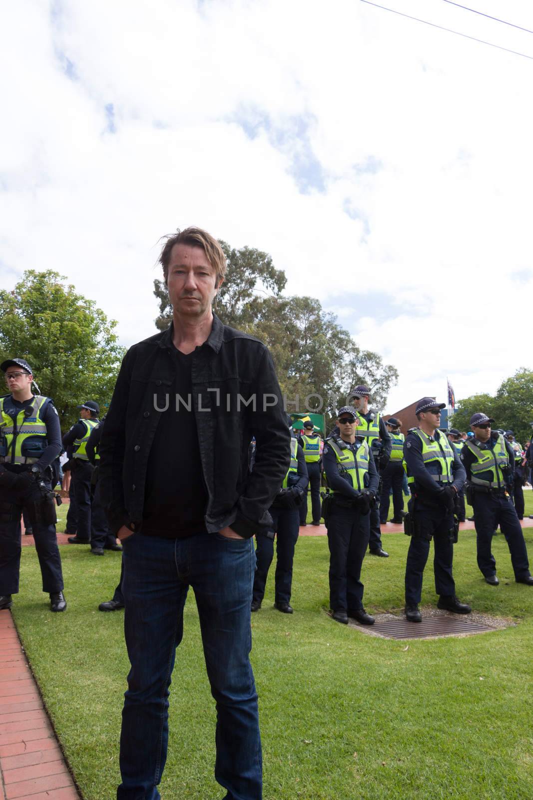 MELTON, VICTORIA/AUSTRALIA - NOVEMBER 2015: Anti Racism protesters violently clashed with reclaim australia groups rallying agsint Mulsim immigration.