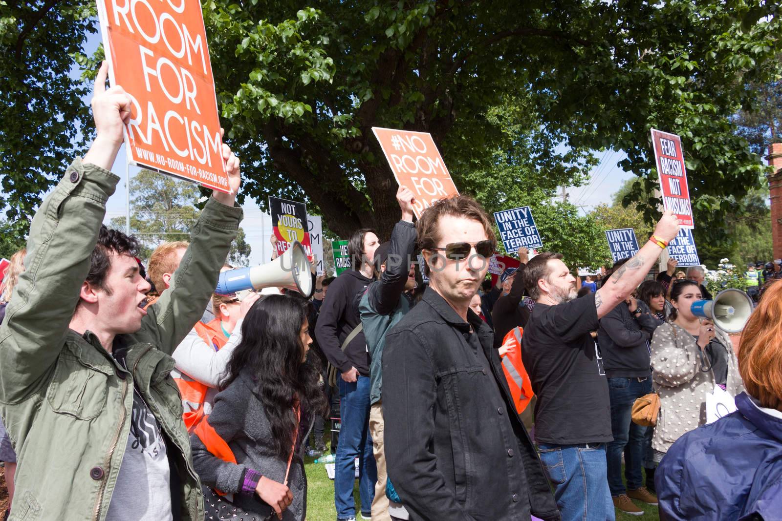 MELTON, VICTORIA/AUSTRALIA - NOVEMBER 2015: Anti Racism protesters violently clashed with reclaim australia groups rallying agsint Mulsim immigration.