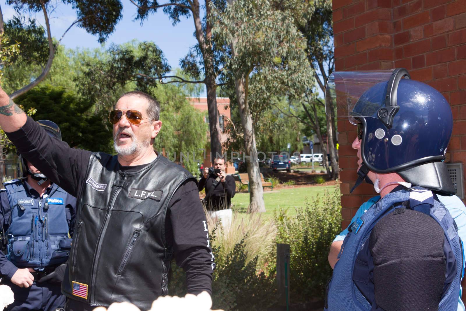 MELTON, VICTORIA/AUSTRALIA - NOVEMBER 2015: Anti Racism protesters violently clashed with reclaim australia groups rallying agsint Mulsim immigration.