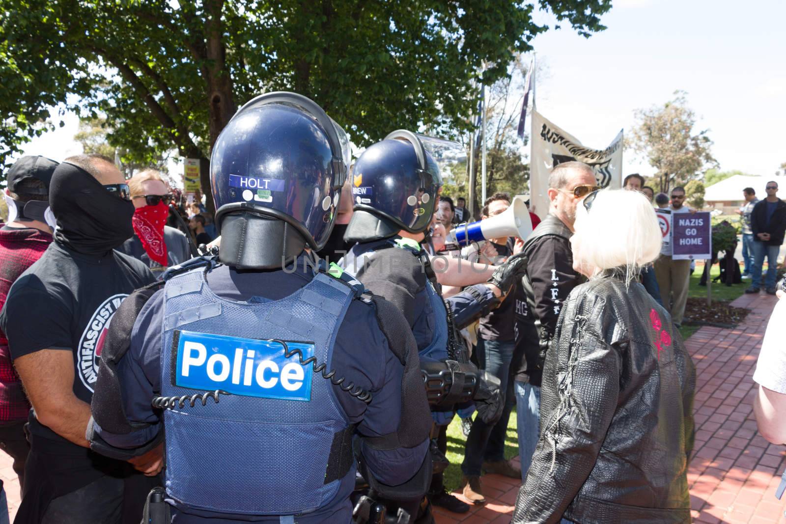 MELTON, VICTORIA/AUSTRALIA - NOVEMBER 2015: Anti Racism protesters violently clashed with reclaim australia groups rallying agsint Mulsim immigration.