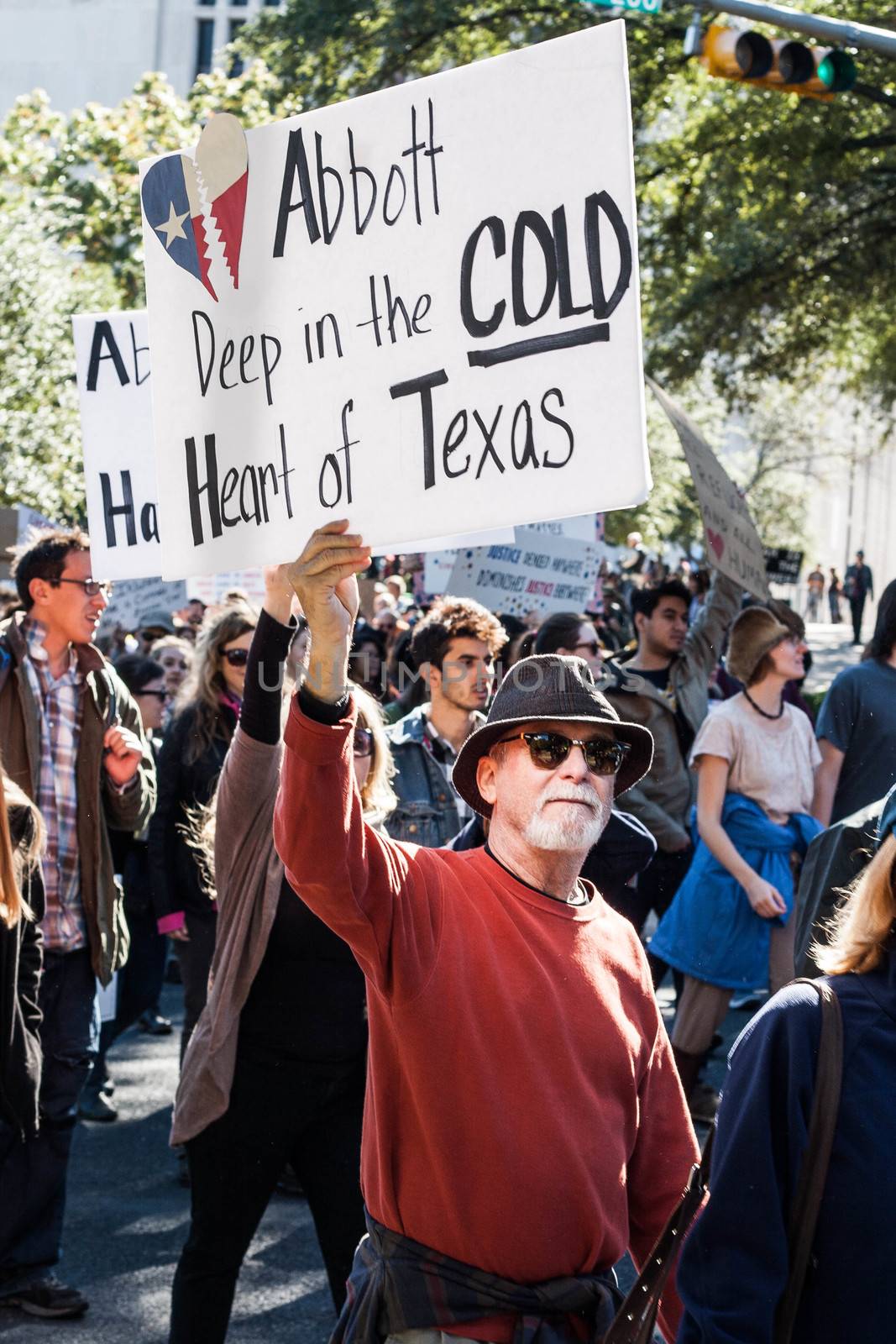 UNITED STATES, Austin: Texans voice their anger at governor Greg Abbott's attempts to stop Syrian refugees from resettling in the state at a protest in Austin on November 22, 2015. Last week Abbott joined more than half the nation's 50 governors in vowing to refuse Syrian refugees entry following the terror attacks in Paris. 