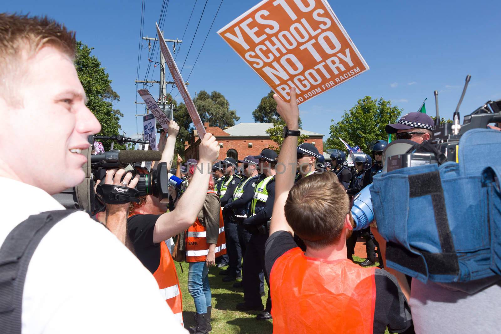 MELTON, VICTORIA/AUSTRALIA - NOVEMBER 2015: Anti Racism protesters violently clashed with reclaim australia groups rallying agsint Mulsim immigration.