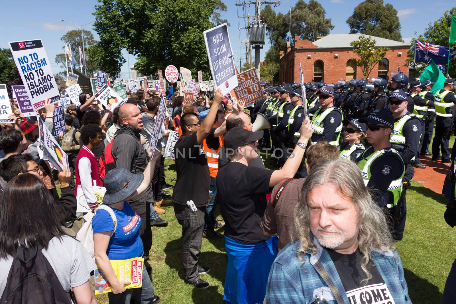 MELTON, VICTORIA/AUSTRALIA - NOVEMBER 2015: Anti Racism protesters violently clashed with reclaim australia groups rallying agsint Mulsim immigration.