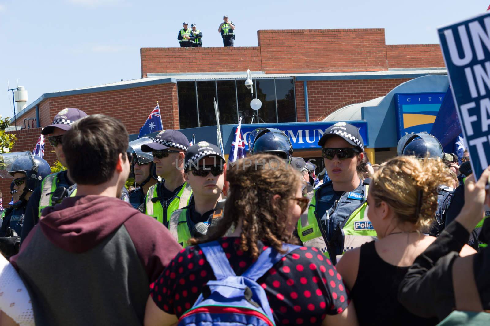 MELTON, VICTORIA/AUSTRALIA - NOVEMBER 2015: Anti Racism protesters violently clashed with reclaim australia groups rallying agsint Mulsim immigration.