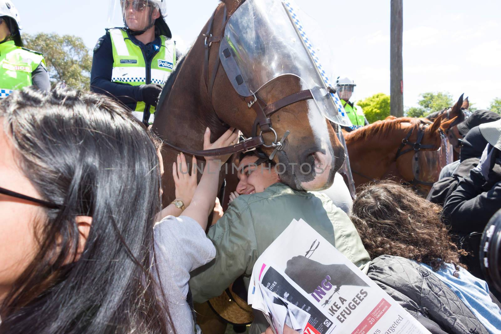 MELTON, VICTORIA/AUSTRALIA - NOVEMBER 2015: Anti Racism protesters violently clashed with reclaim australia groups rallying agsint Mulsim immigration.