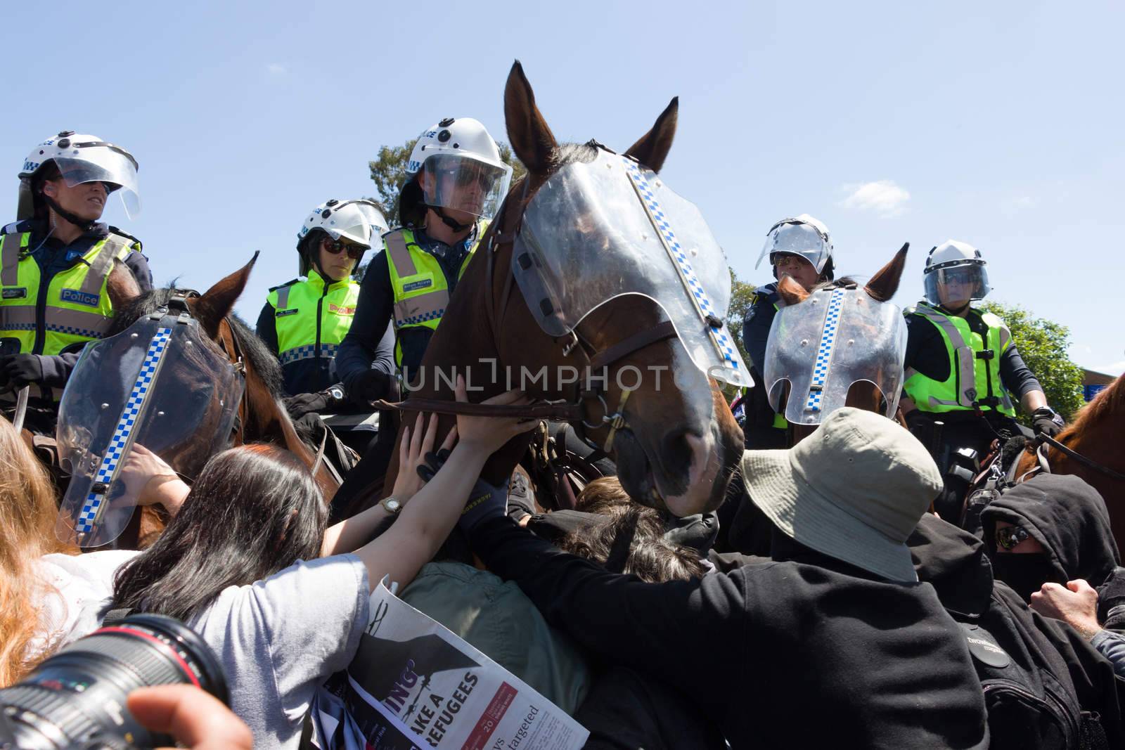 MELTON, VICTORIA/AUSTRALIA - NOVEMBER 2015: Anti Racism protesters violently clashed with reclaim australia groups rallying agsint Mulsim immigration.