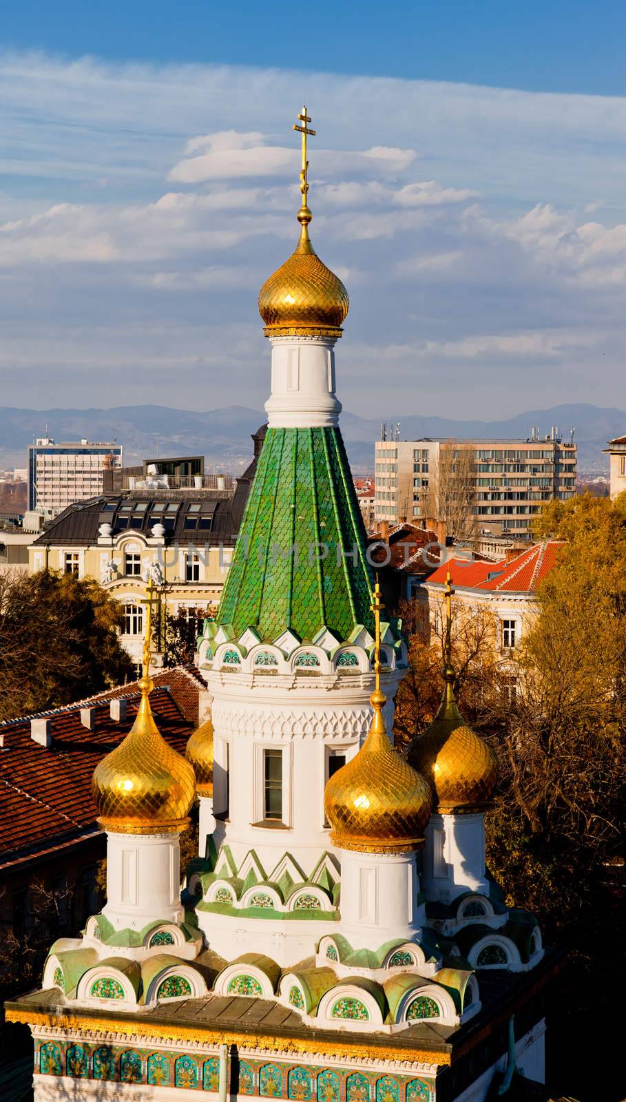 Golden domes of the church St. Nicholas the Miracle-Maker in Sofia, Bulgaria, Europe. Russian revival style. Construction took part between 1907 and 1914. It was build on the site of the Saray Mosque.