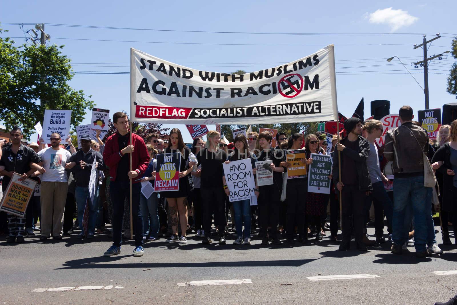 MELTON, VICTORIA/AUSTRALIA - NOVEMBER 2015: Anti Racism protesters violently clashed with reclaim australia groups rallying agsint Mulsim immigration.