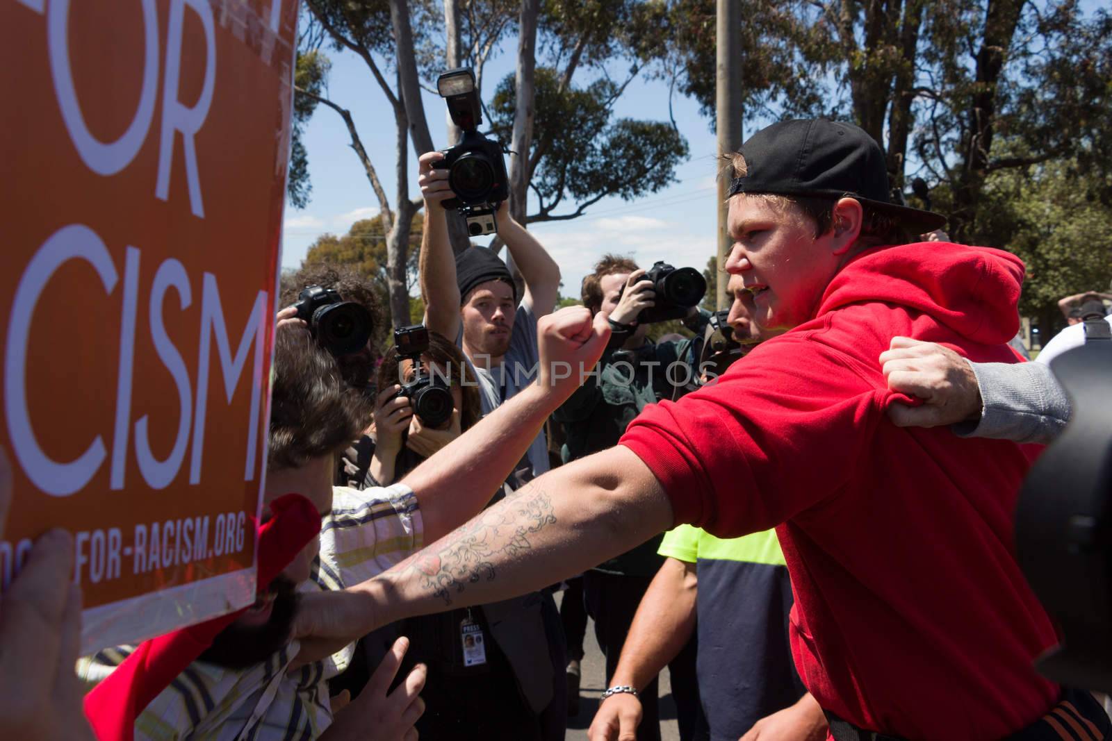 MELTON, VICTORIA/AUSTRALIA - NOVEMBER 2015: Anti Racism protesters violently clashed with reclaim australia groups rallying agsint Mulsim immigration.