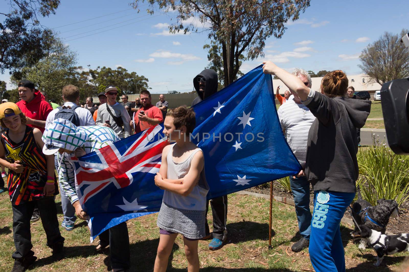 MELTON, VICTORIA/AUSTRALIA - NOVEMBER 2015: Anti Racism protesters violently clashed with reclaim australia groups rallying agsint Mulsim immigration.