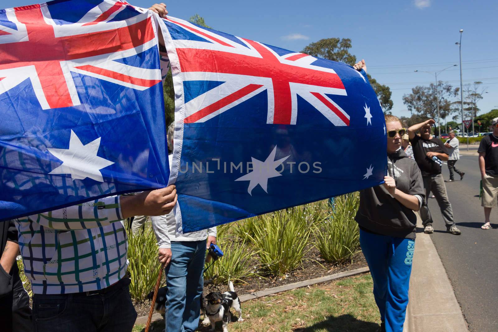 MELTON, VICTORIA/AUSTRALIA - NOVEMBER 2015: Anti Racism protesters violently clashed with reclaim australia groups rallying agsint Mulsim immigration.