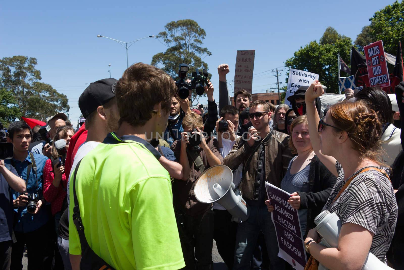 MELTON, VICTORIA/AUSTRALIA - NOVEMBER 2015: Anti Racism protesters violently clashed with reclaim australia groups rallying agsint Mulsim immigration.