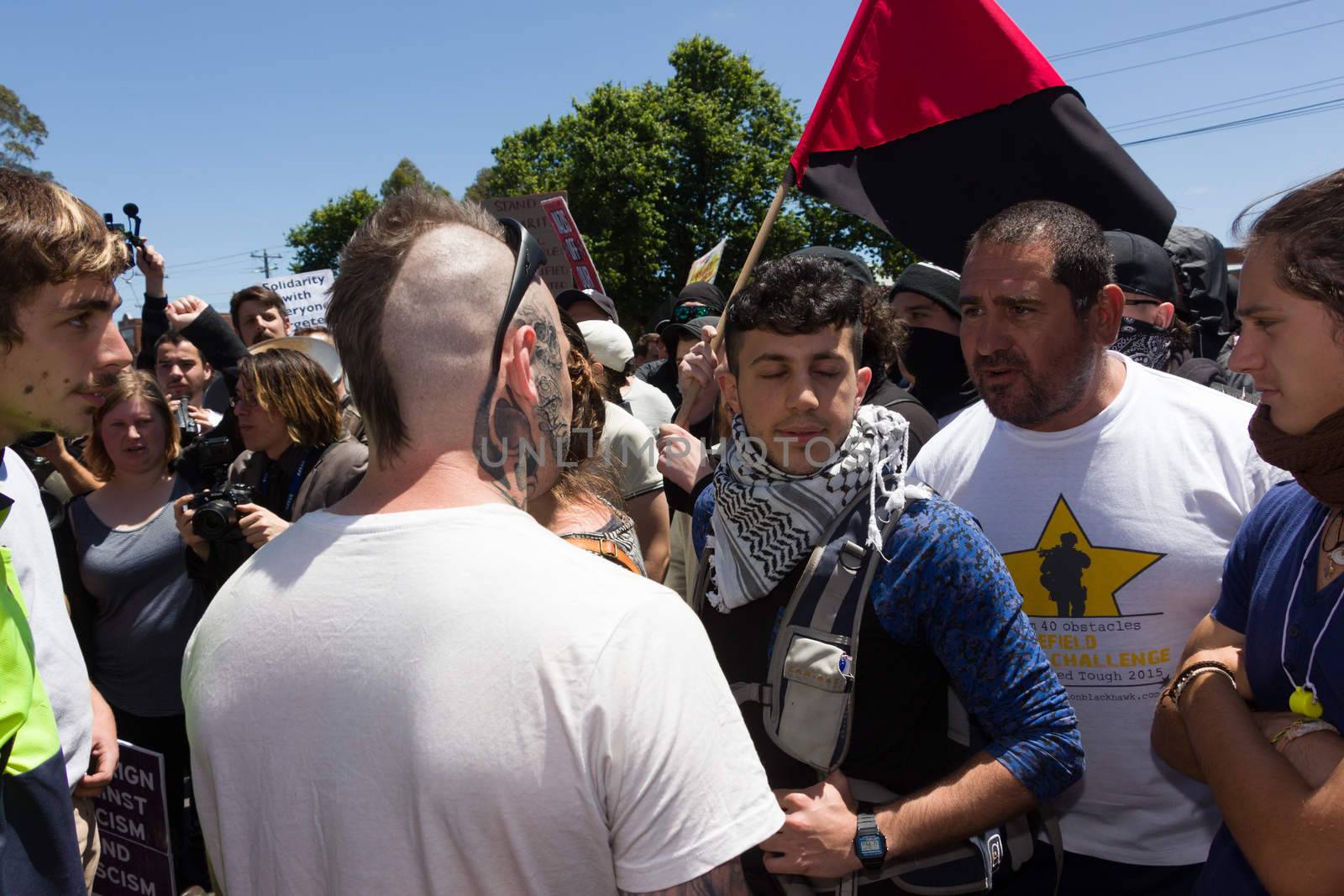 MELTON, VICTORIA/AUSTRALIA - NOVEMBER 2015: Anti Racism protesters violently clashed with reclaim australia groups rallying agsint Mulsim immigration.