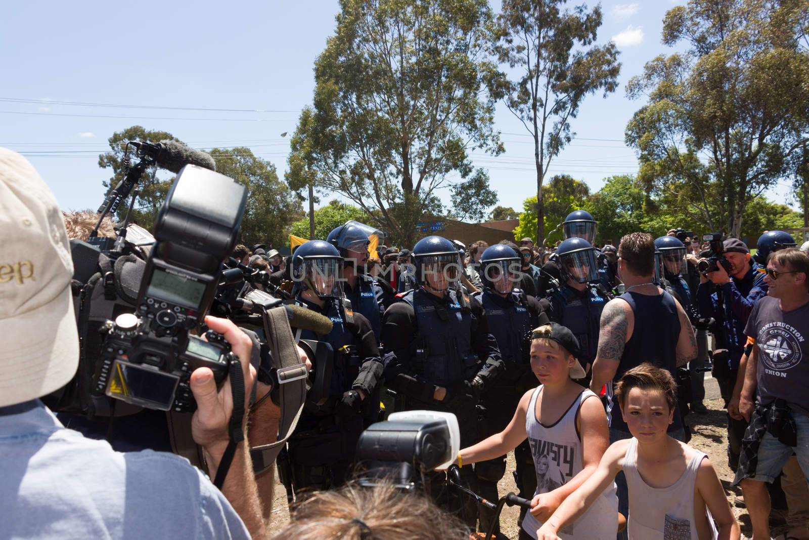 MELTON, VICTORIA/AUSTRALIA - NOVEMBER 2015: Anti Racism protesters violently clashed with reclaim australia groups rallying agsint Mulsim immigration.