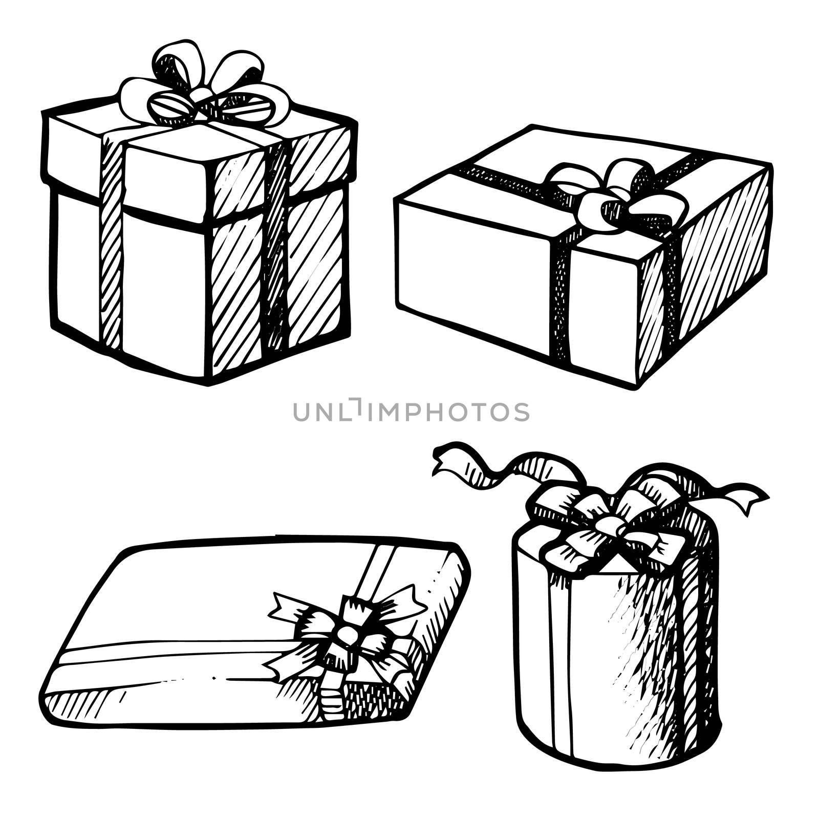 Freehand sketch illustration of sot of grunge Christmas gift boxes , doodle hand drawn