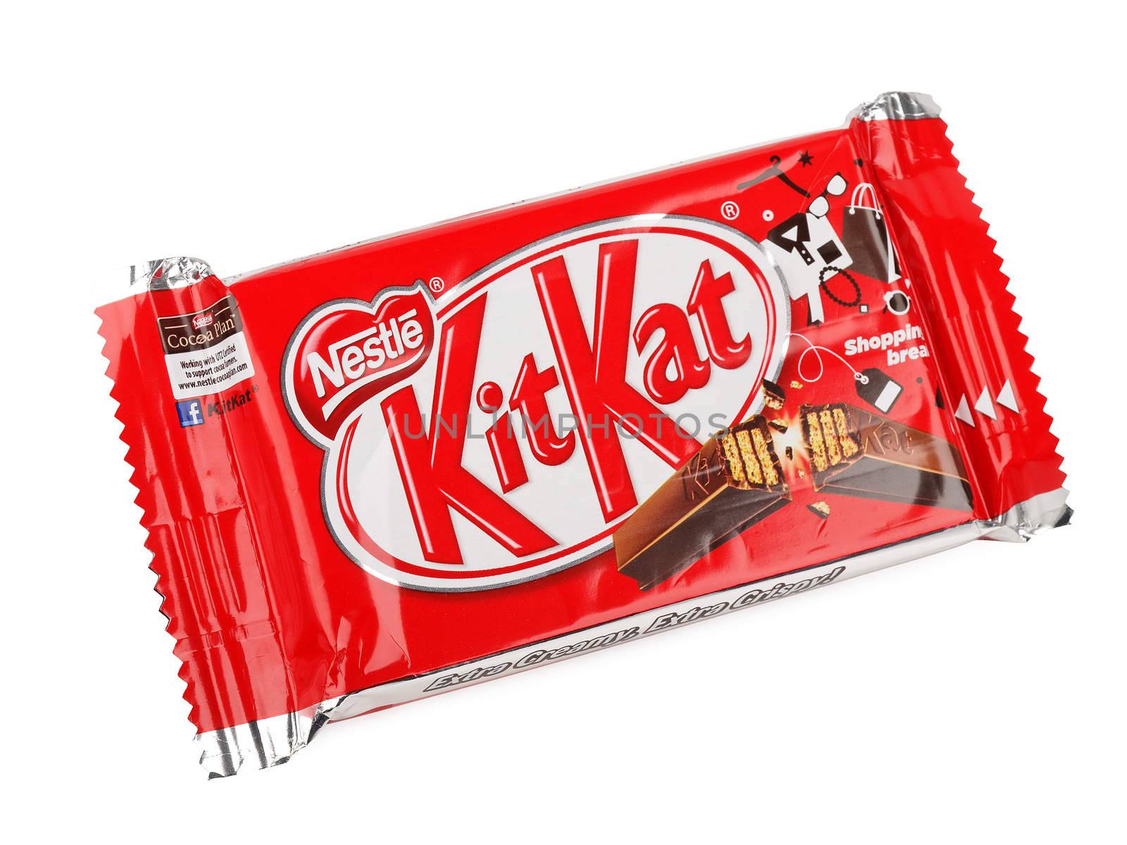 PULA, CROATIA - NOVEMBER 22, 2015: Kit Kat chocolate bar isolated on white background. Kit Kat bars are produced by Nestle. Brand Kit Kat was registered in 1911.