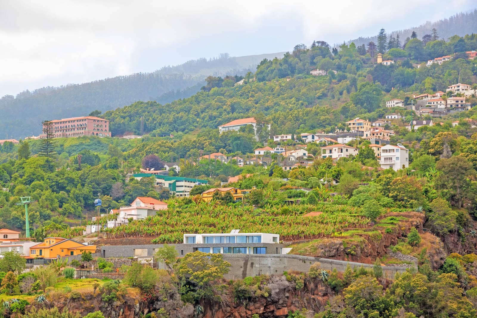 Funchal, Portugal - June 3, 2013: View of the ropeway of Funchal - view from Jardim Botanico. It is 1600 meters long with a hight of 220 meters.