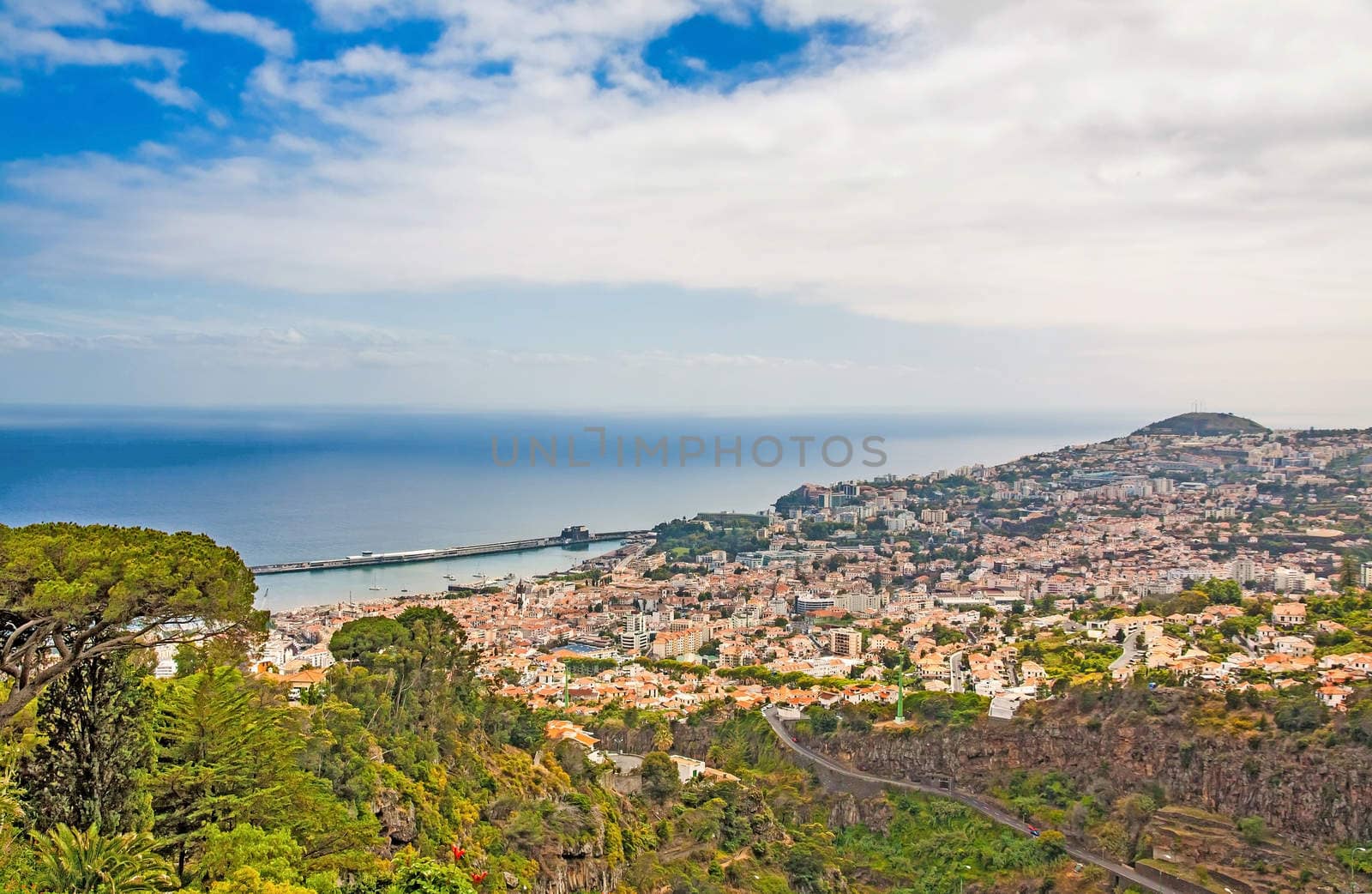 Panoramic view over Funchal, Madeira, Portugal with its harbor