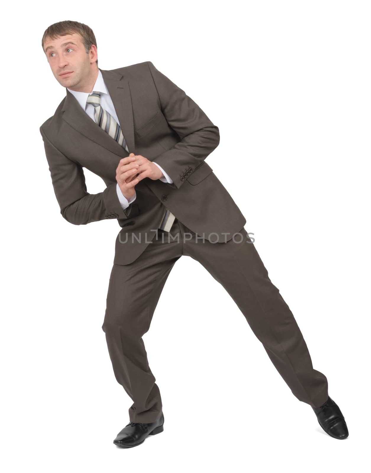 Businessman pushing empty space with elbowon isolated white background