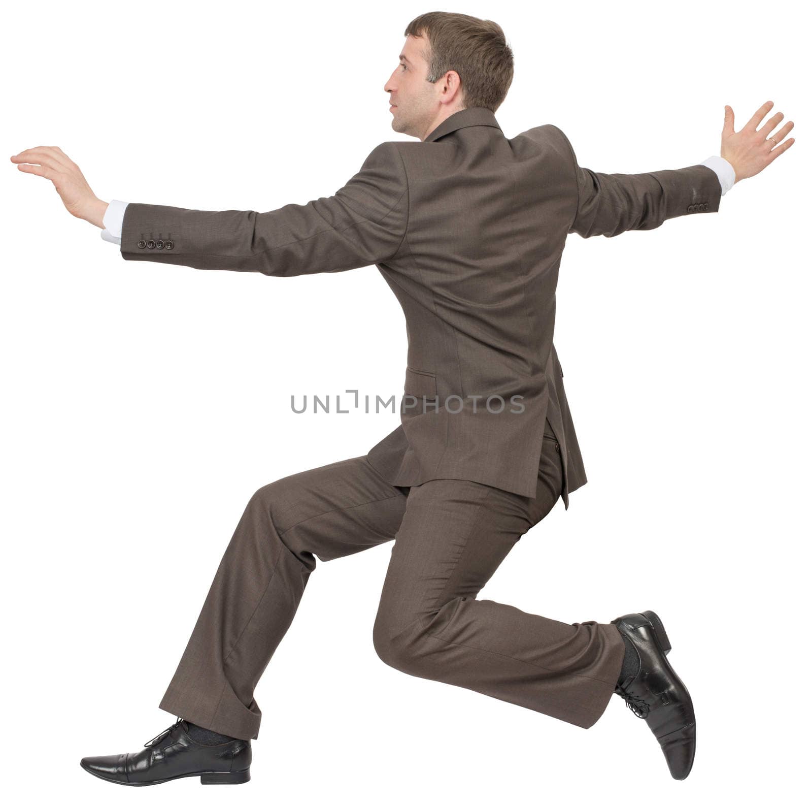 Businessman running fast on isolated white background