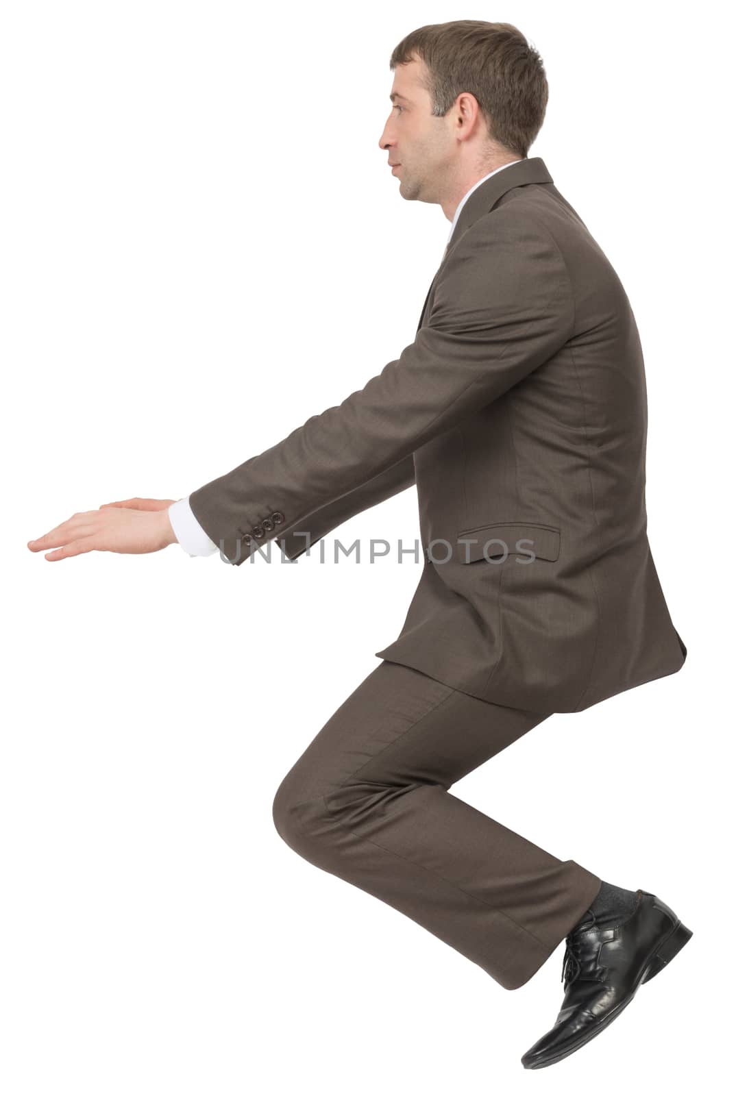 Businessman sitting on empty space on isolated white background