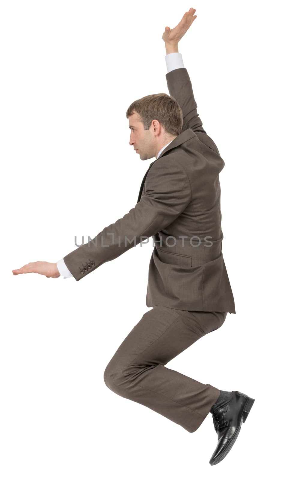 Businessman sitting on empty space on isolated white background