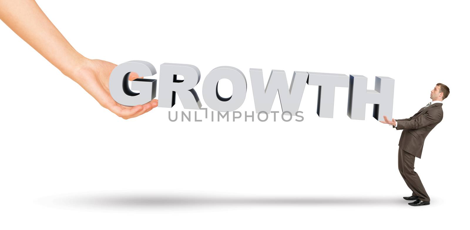 Businessman and hand holding word growth on isolated white background