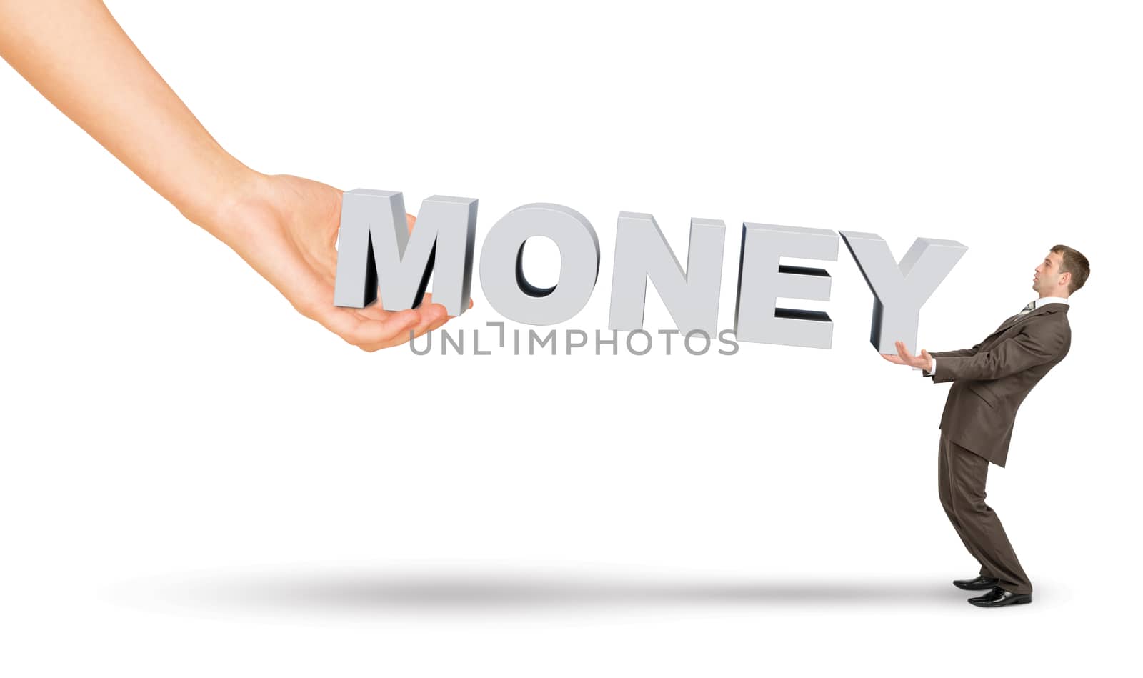 Businessman and hand holding word money on isolated white background