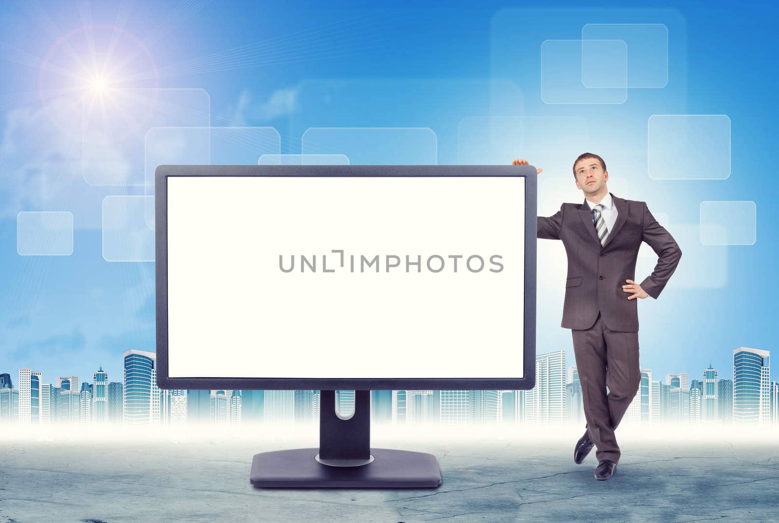 Businessman leaning on monitor by cherezoff