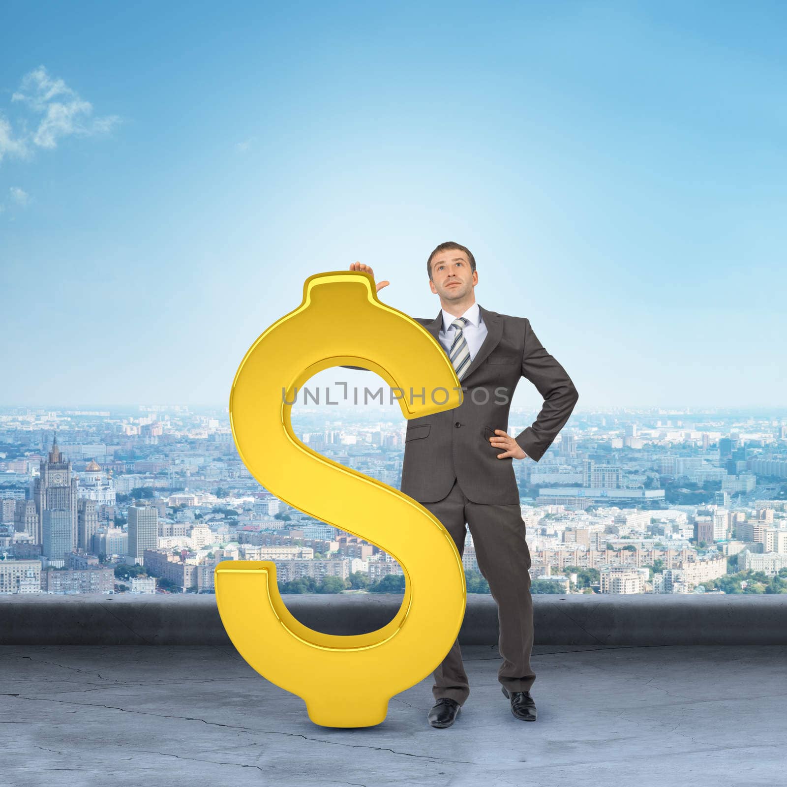 Businessman leaning on big dollar sign by cherezoff