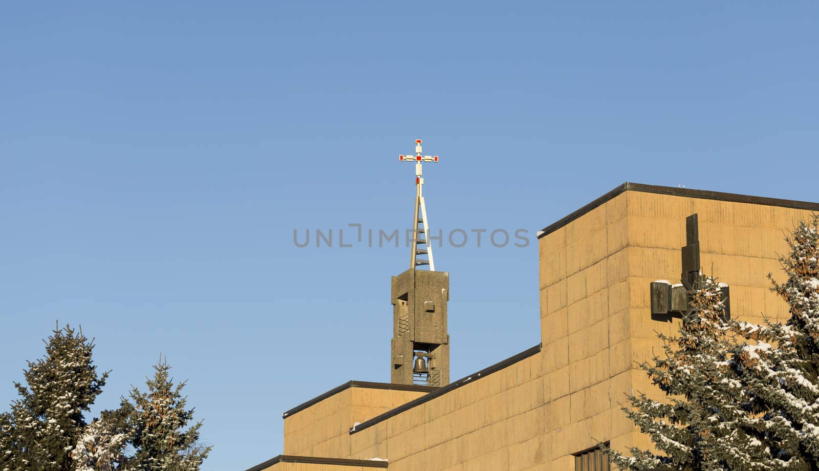 Church in Umeå, Sweden with a clear blue sky.